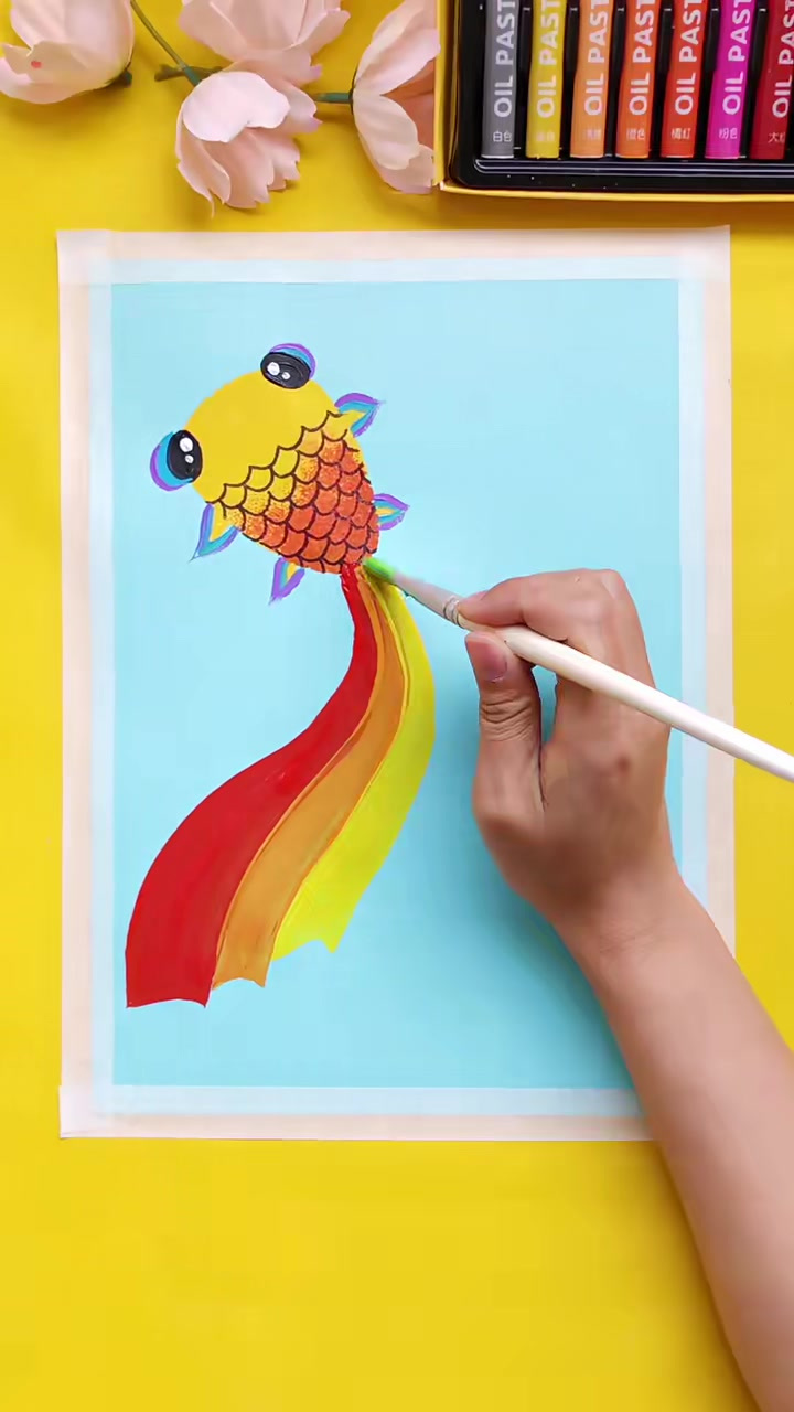 彩虹小金鱼创意儿童水粉画,快来试试吧