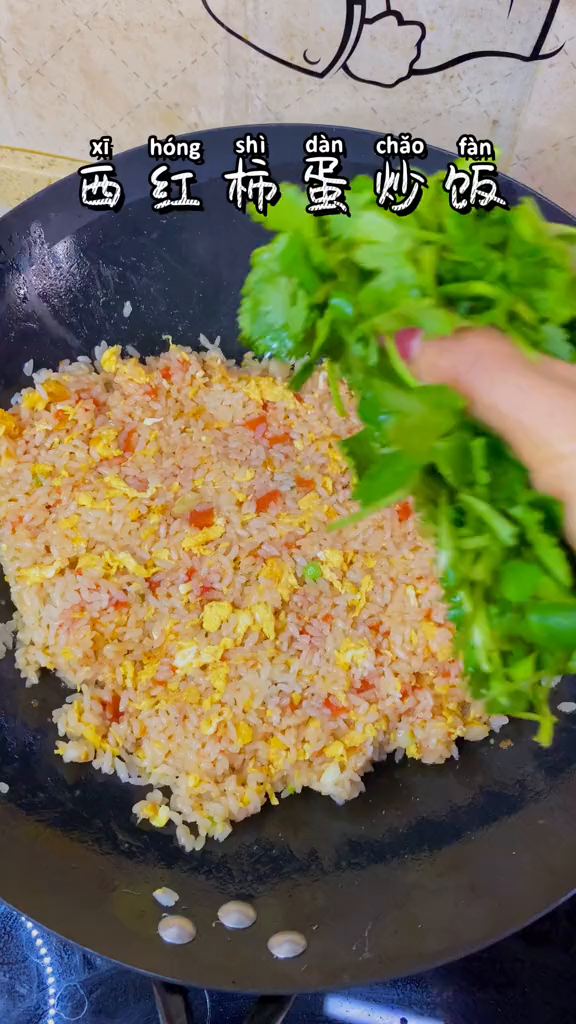 本来只是普通的西红柿蛋炒饭,但是加了香菜