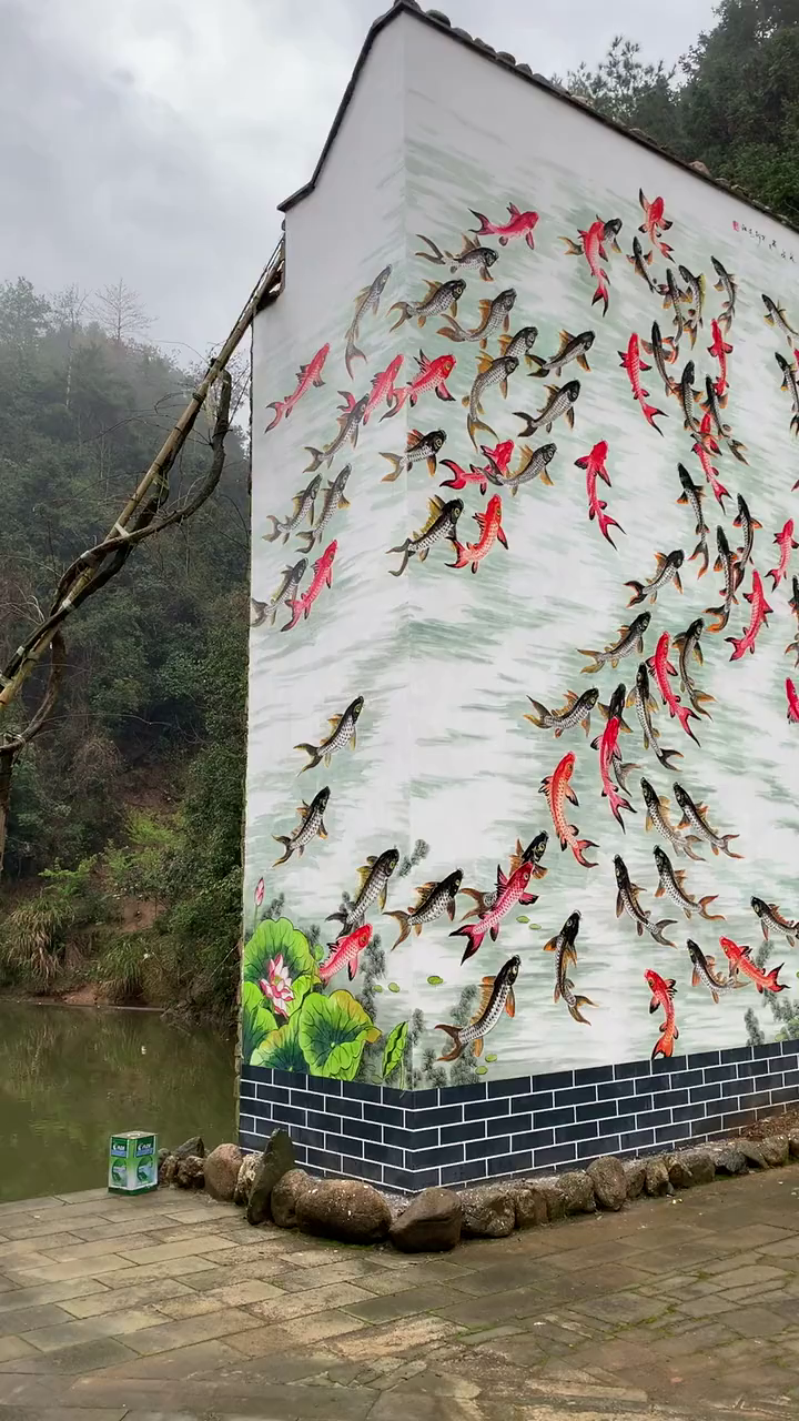 墙绘壁画百鱼图,手绘作品!
