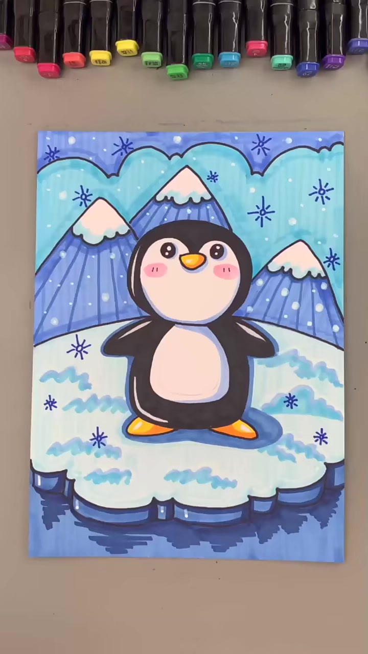 每日一更,今日份儿马克笔儿童画,小企鹅