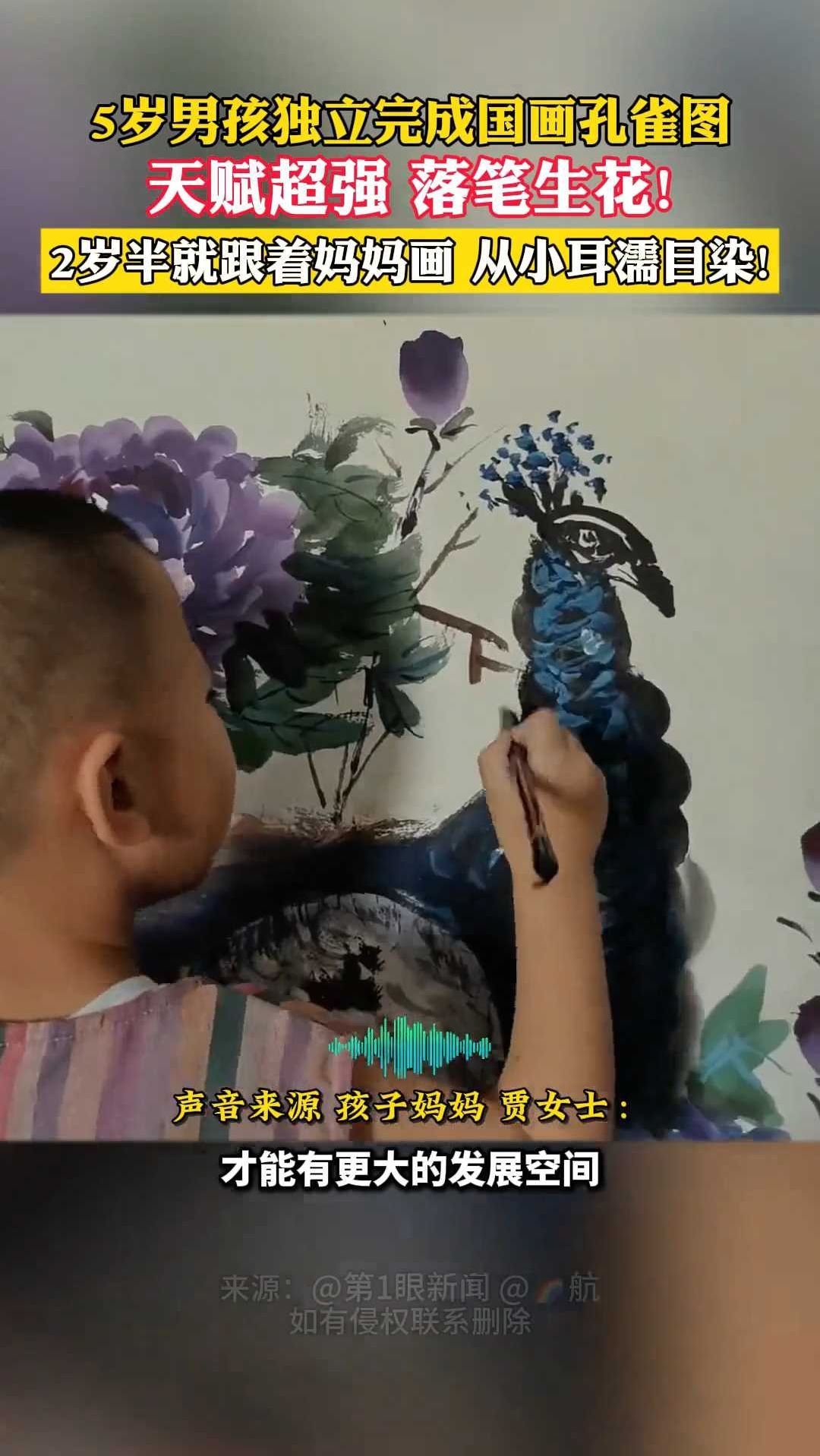 5岁小孩哥天赋超强独立完成国画孔雀图