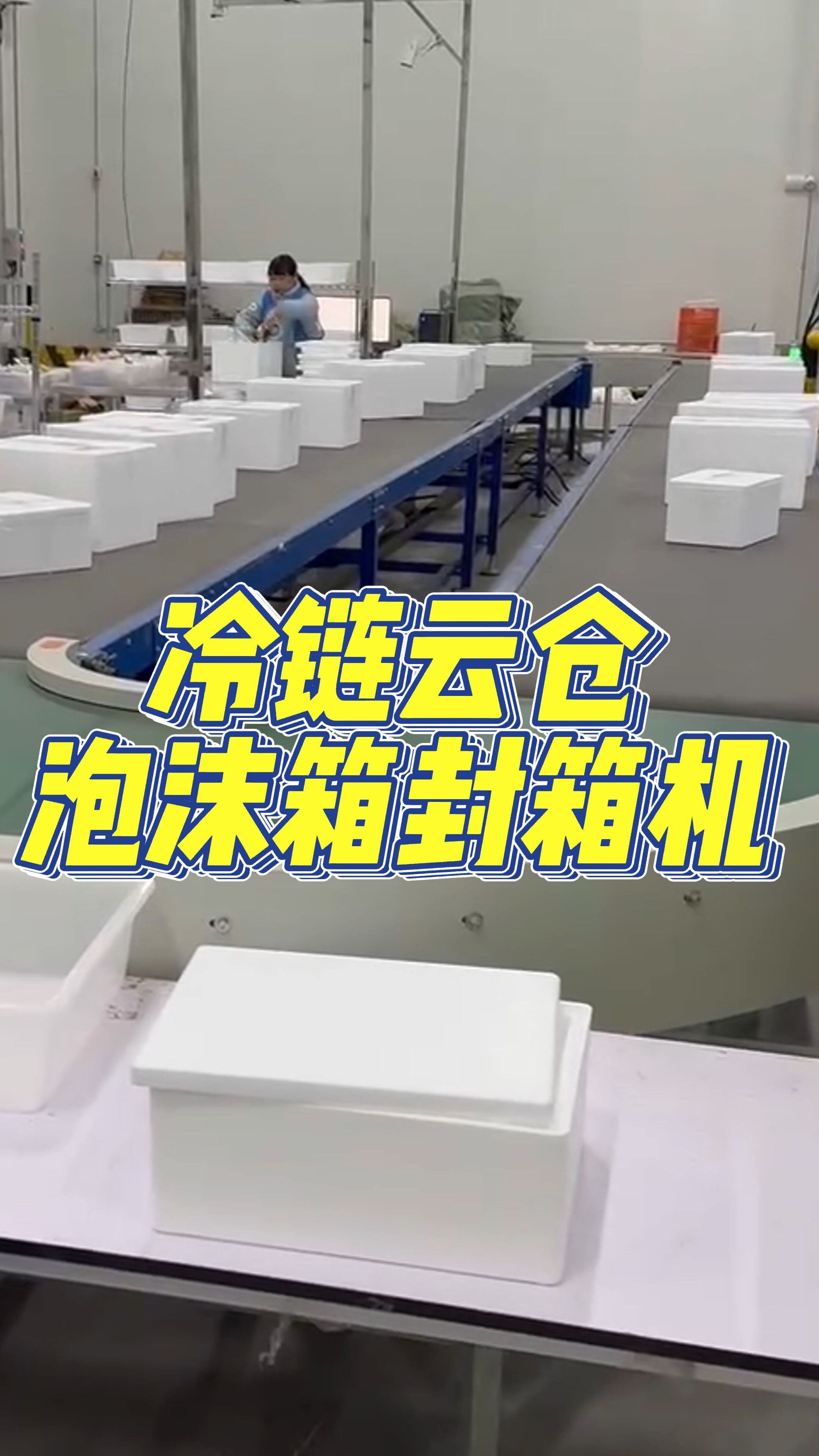 冷链云仓泡沫箱封箱机,仓库打包现场视频,泡沫箱打包机跋涉智能