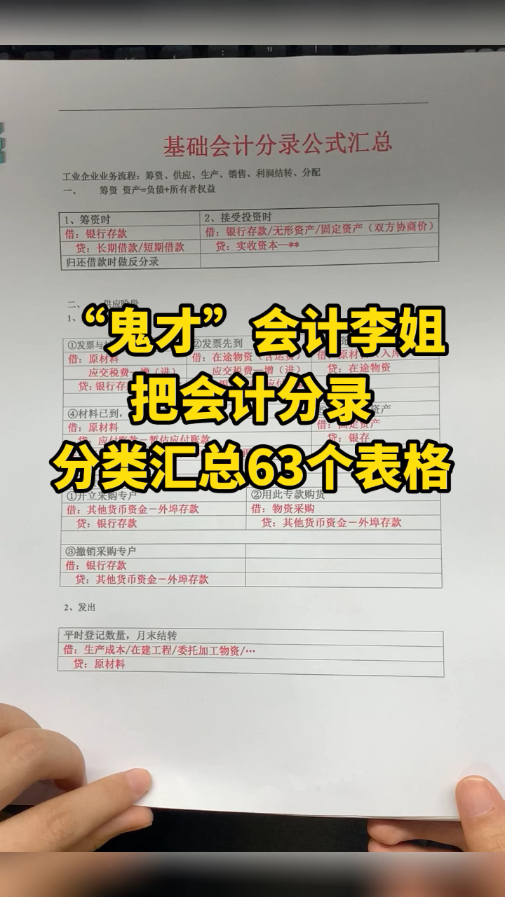 会计大神李姐分类汇总的63个会计分录表格,好记又好用!