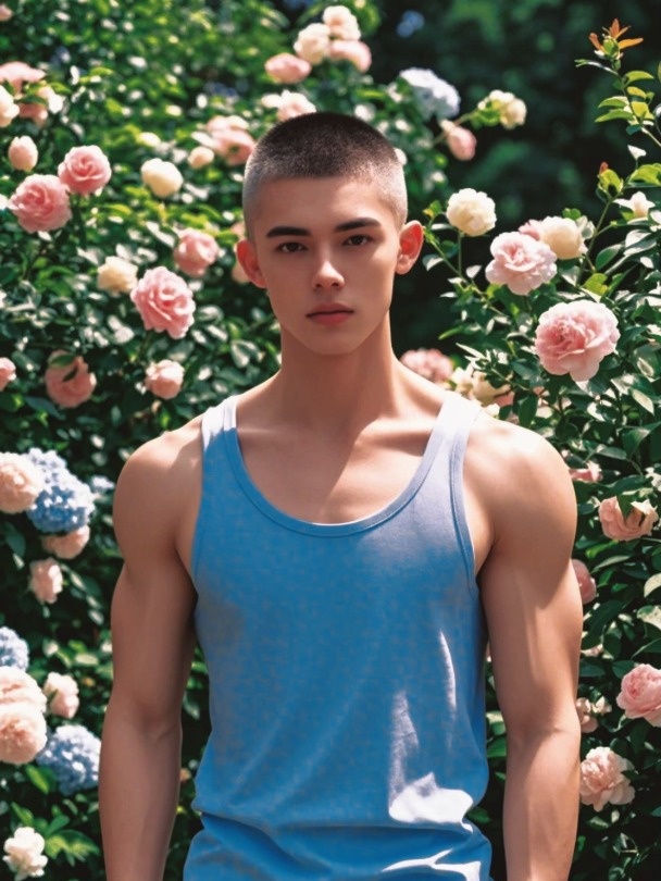 花丛中的肌肉男孩,蓝色系手机壁纸