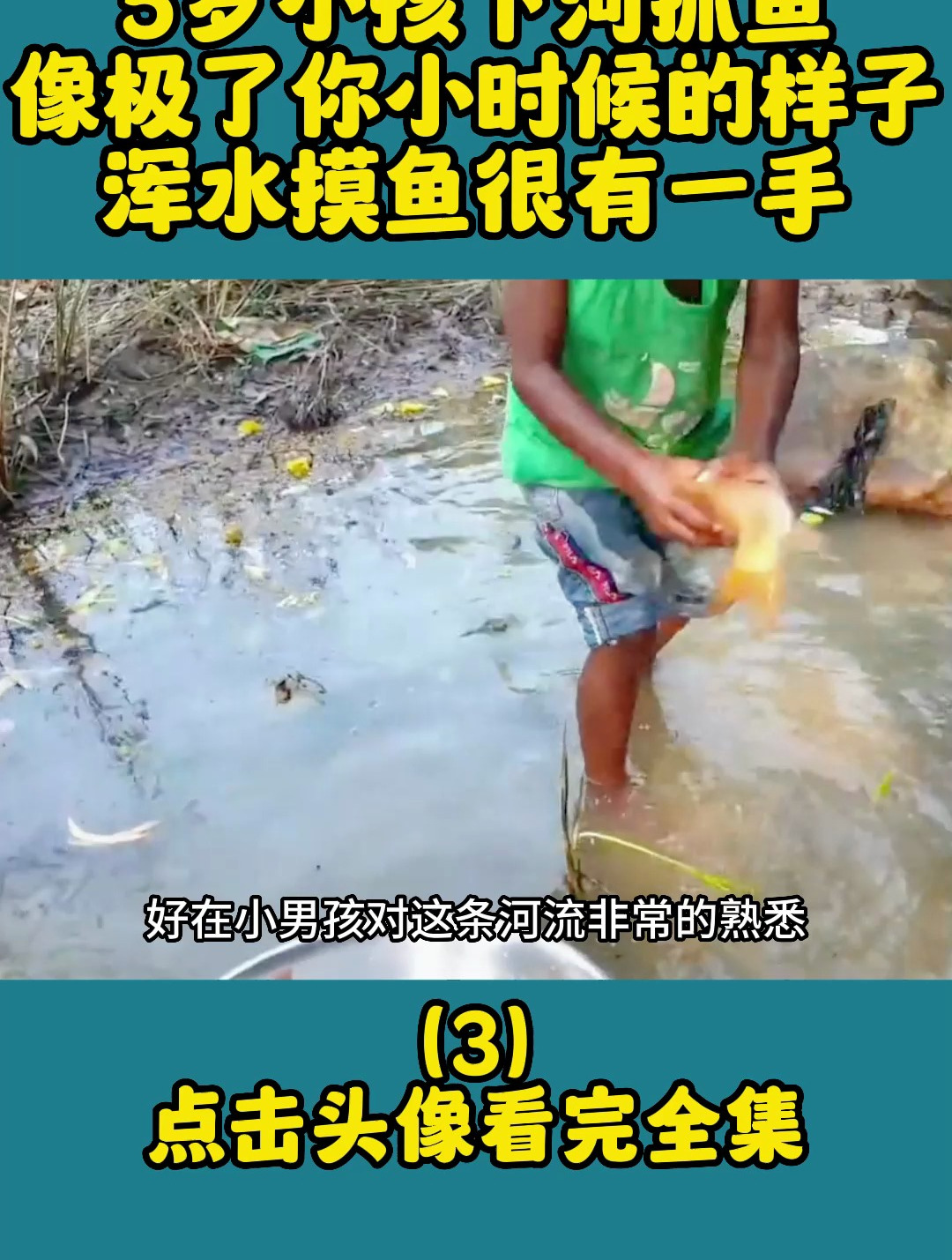 5岁小孩下河抓鱼,像极了你小时候的样子,浑水摸鱼很有一手(3)