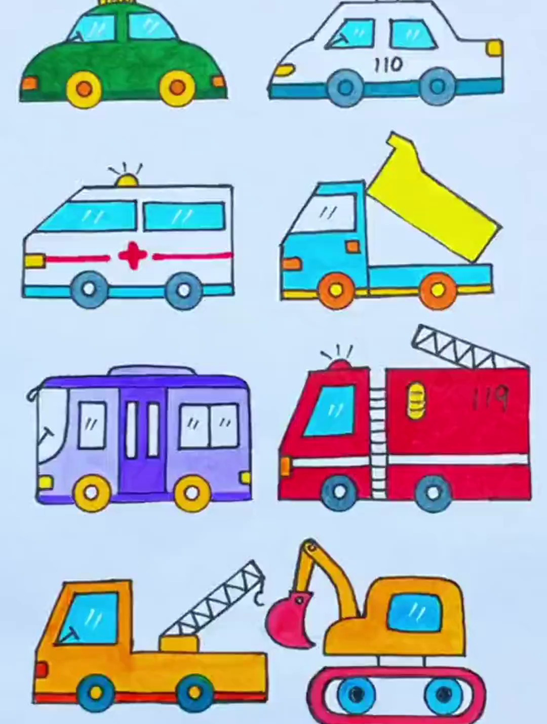 喜欢车子的宝子们看过来,简笔画 消防车、汽车、公交车、挖机