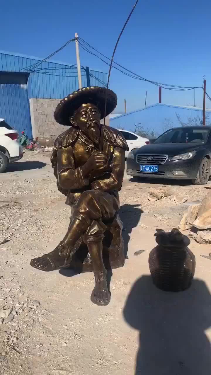 玻璃钢仿铜人姜太公钓鱼肖像人物雕塑古代人物钓鱼雕像步行街摆件
