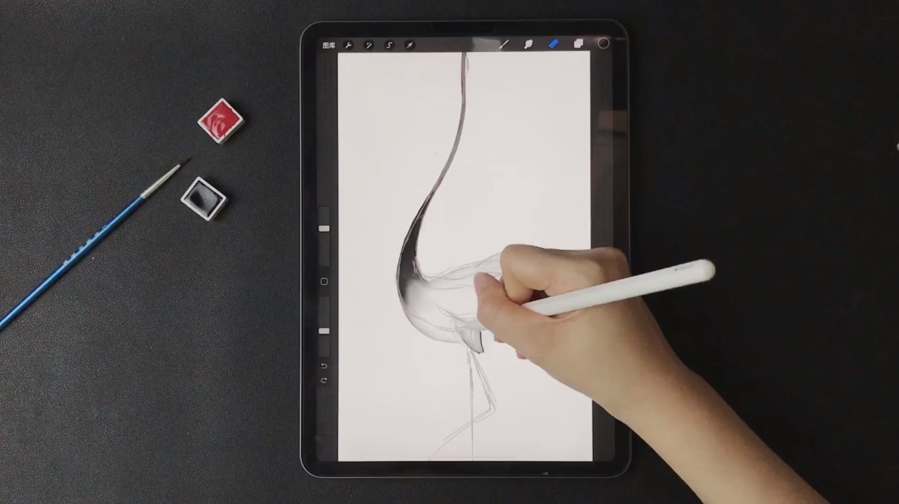 「茶子鱼原创」iPad Pro画中国风水彩画教程/闲云孤鹤