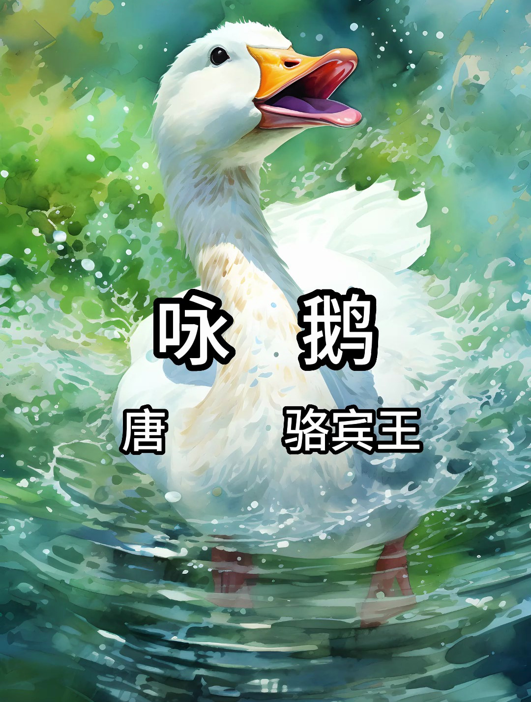骆宾王《咏鹅》古诗配画,白鹅活灵活现,幼儿启蒙儿童必背古诗词