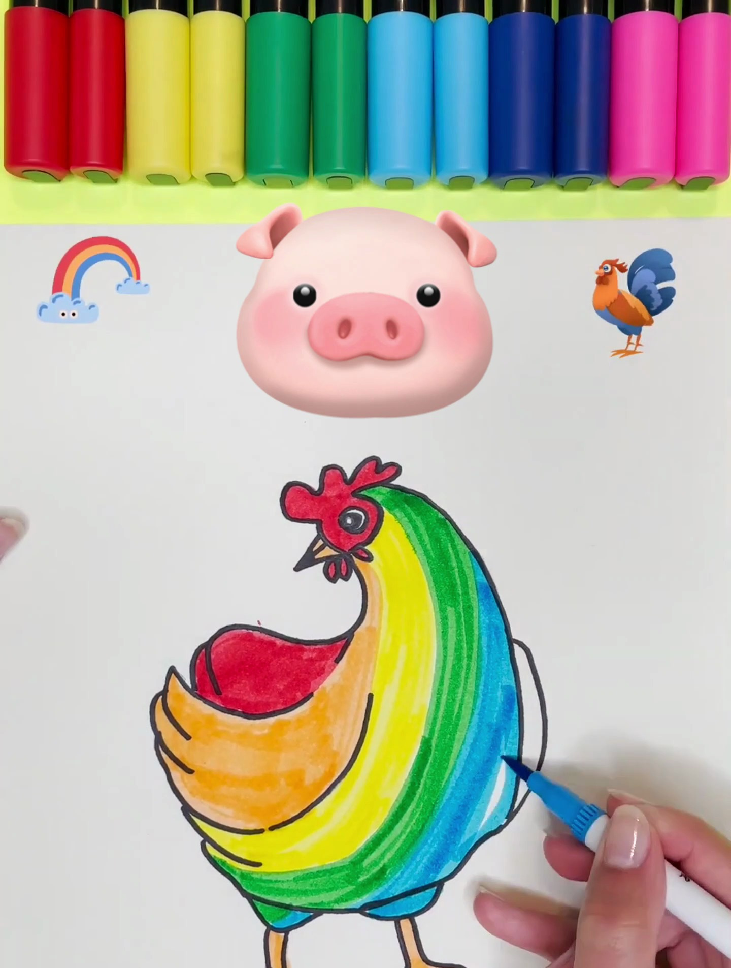 艺术绘画:绘画彩虹公鸡