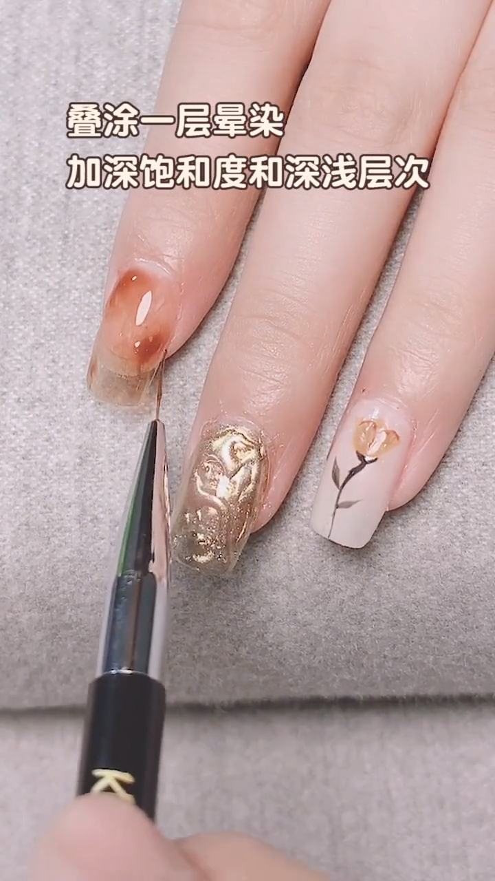 冬日油画风 棕调琥珀美甲教程来啦