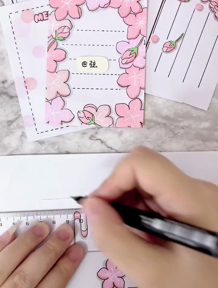 自制桃花便签手帐素材,简笔画边框教程