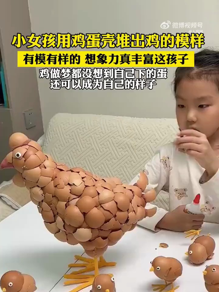 想象力爆棚!女孩用鸡蛋壳堆出鸡的一家子