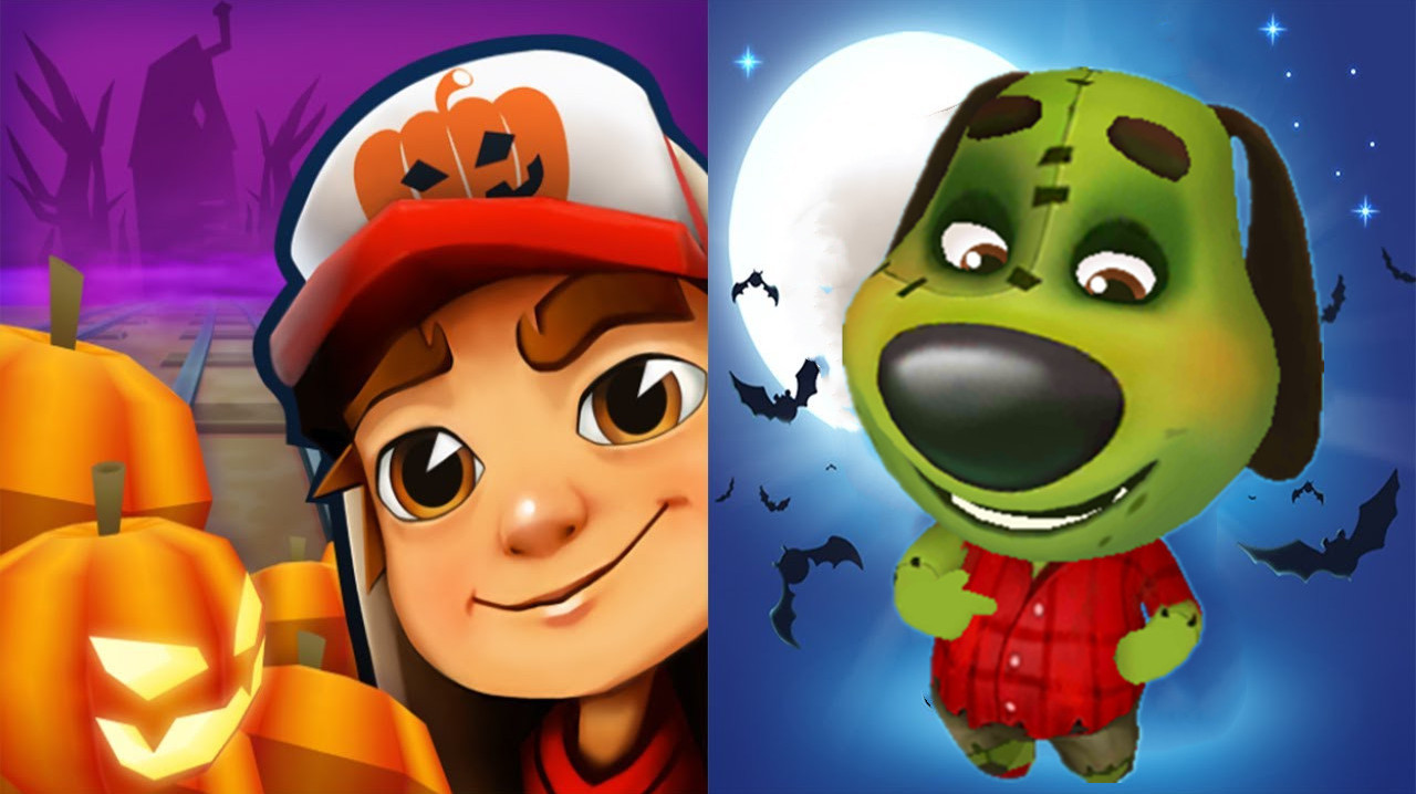 汤姆猫跑酷游戏 新皮肤万圣节地铁跑酷对战僵尸狗狗本