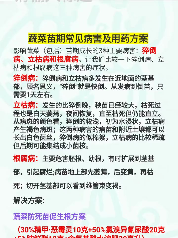 农资导航:蔬菜苗期常见病害及防治方案,蔬菜立枯病青枯病猝倒病