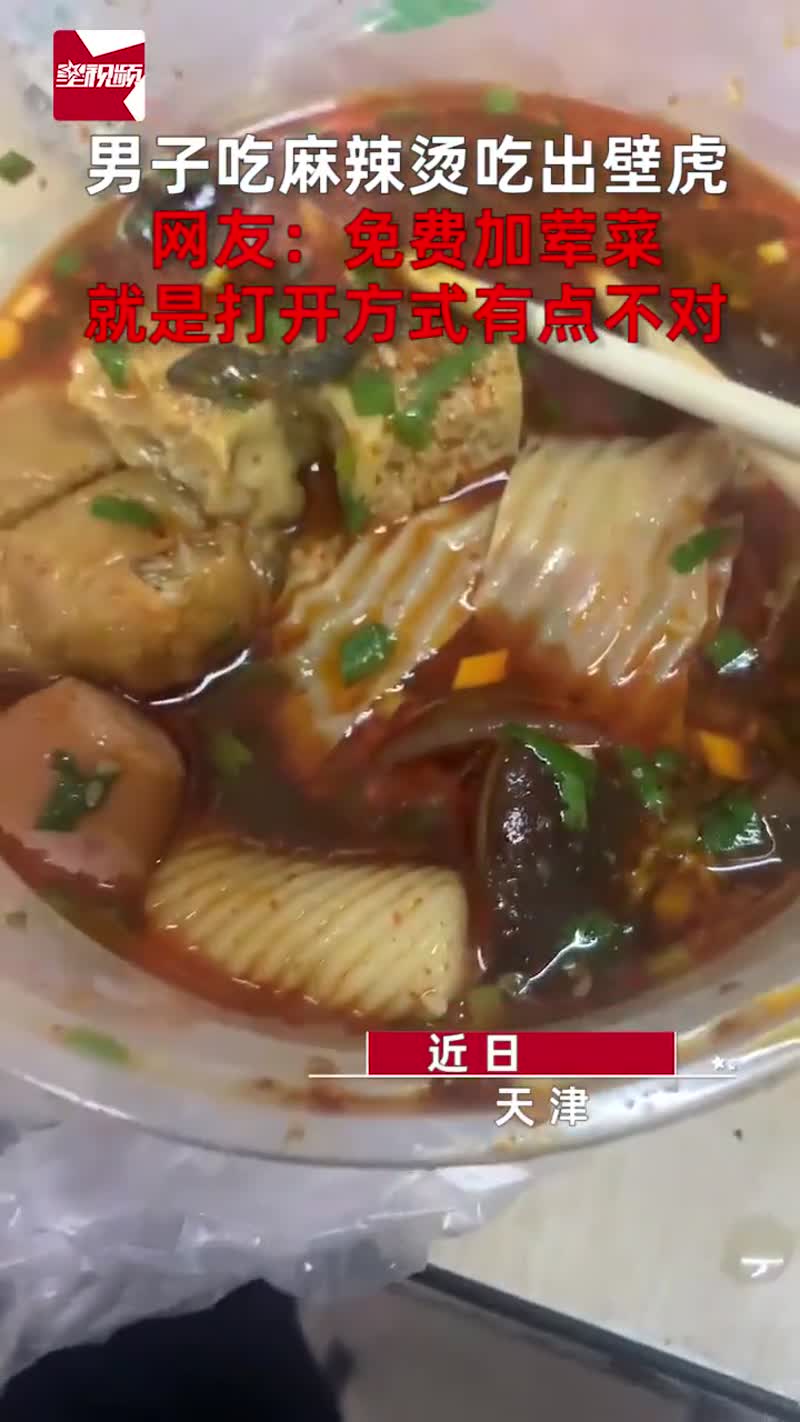 男子吃麻辣烫吃出壁虎,网友:免费加荤菜,就是打开方式有点不对
