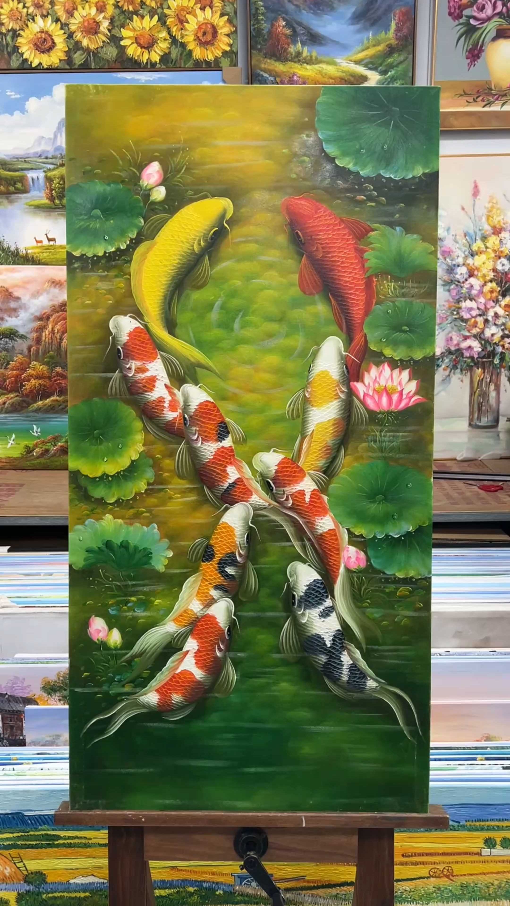 写实手绘油画九鲤鱼写实艺术绘画手绘