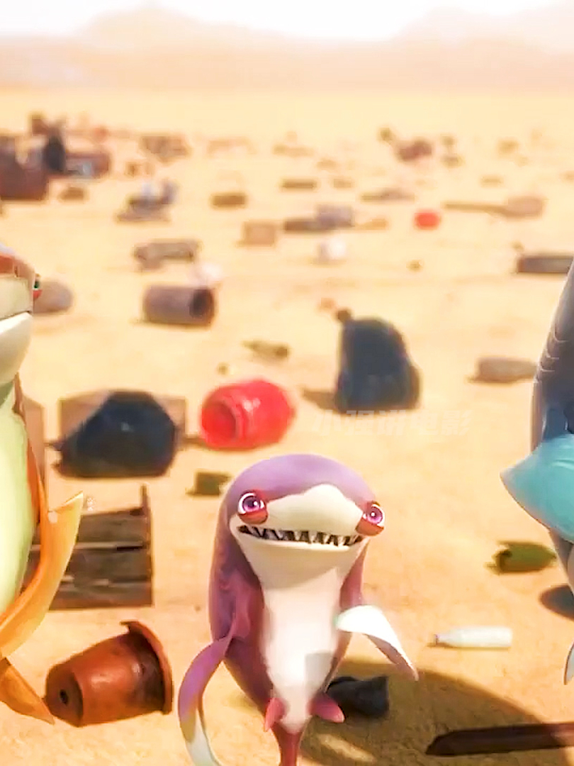 呆萌的鲨鱼在海滩上捡垃圾