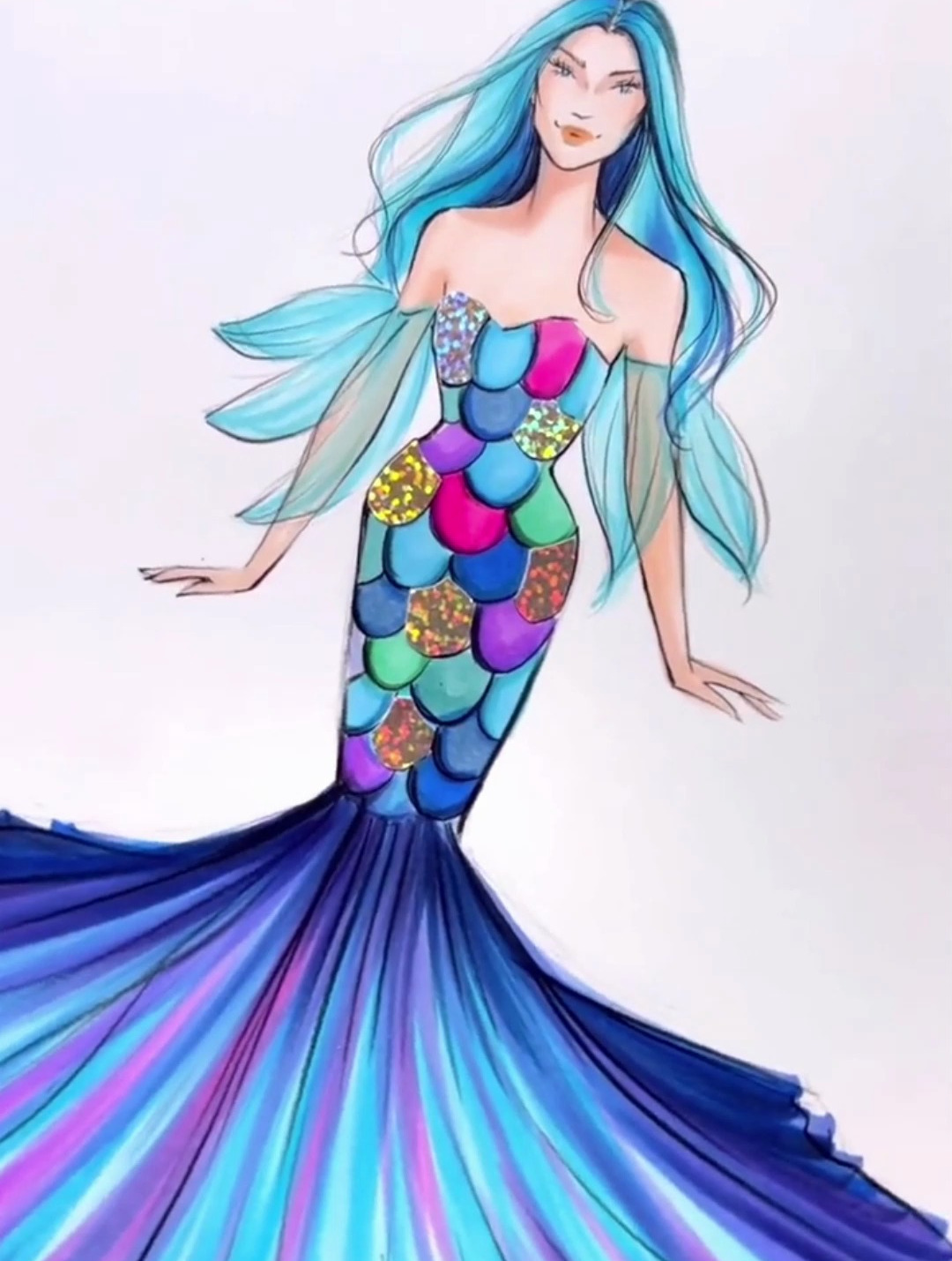 彩虹鱼 时装画 马克笔手绘 绘画过程分享