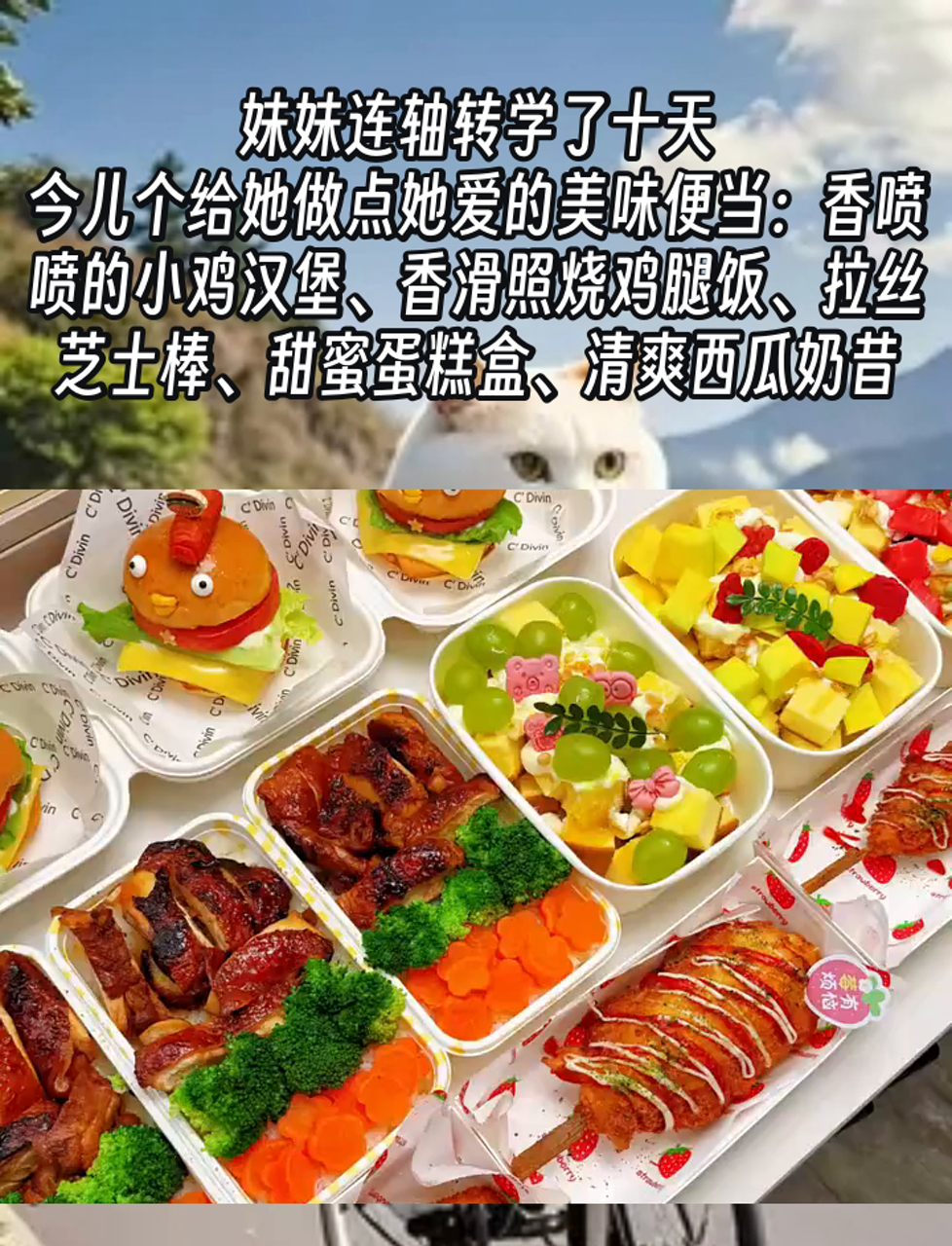 妹妹连轴转学了十天,今儿个给她做点她爱的美味便当:香喷喷的小鸡汉堡、香滑照烧鸡腿饭、拉丝芝