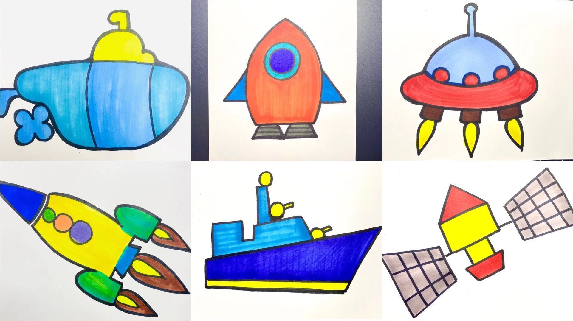 #儿童简笔画# 军事题材简笔画:潜艇、火箭、飞碟、航天飞机、轮船、卫星。