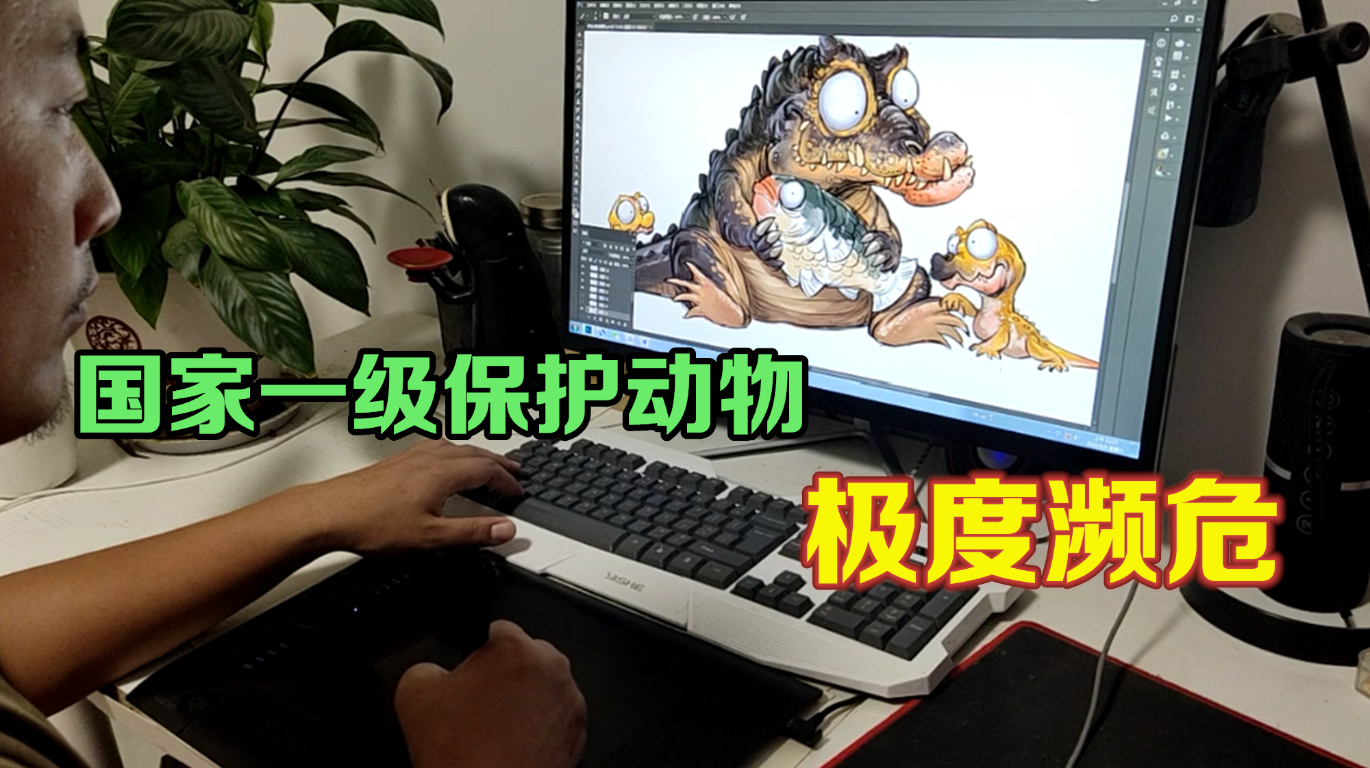 高清手绘漫画扬子鳄,现状极度濒危,最后上完色瞬间泪目了