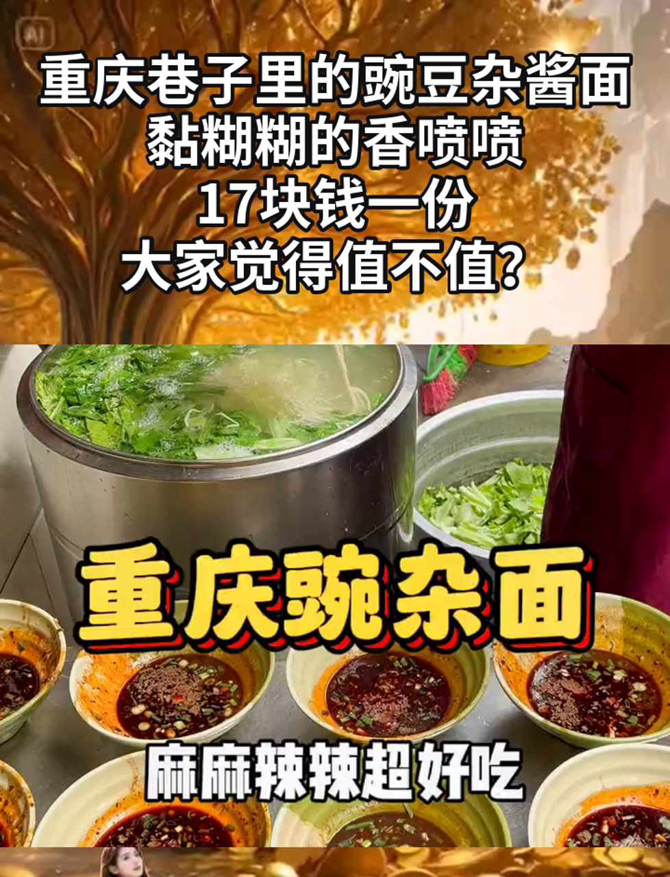 重庆巷子里的豌豆杂酱面,黏糊糊的香喷喷,17块钱一份,大家觉得值不值?