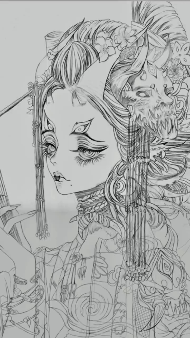 古风手绘线稿插画 线稿真是太费功夫了