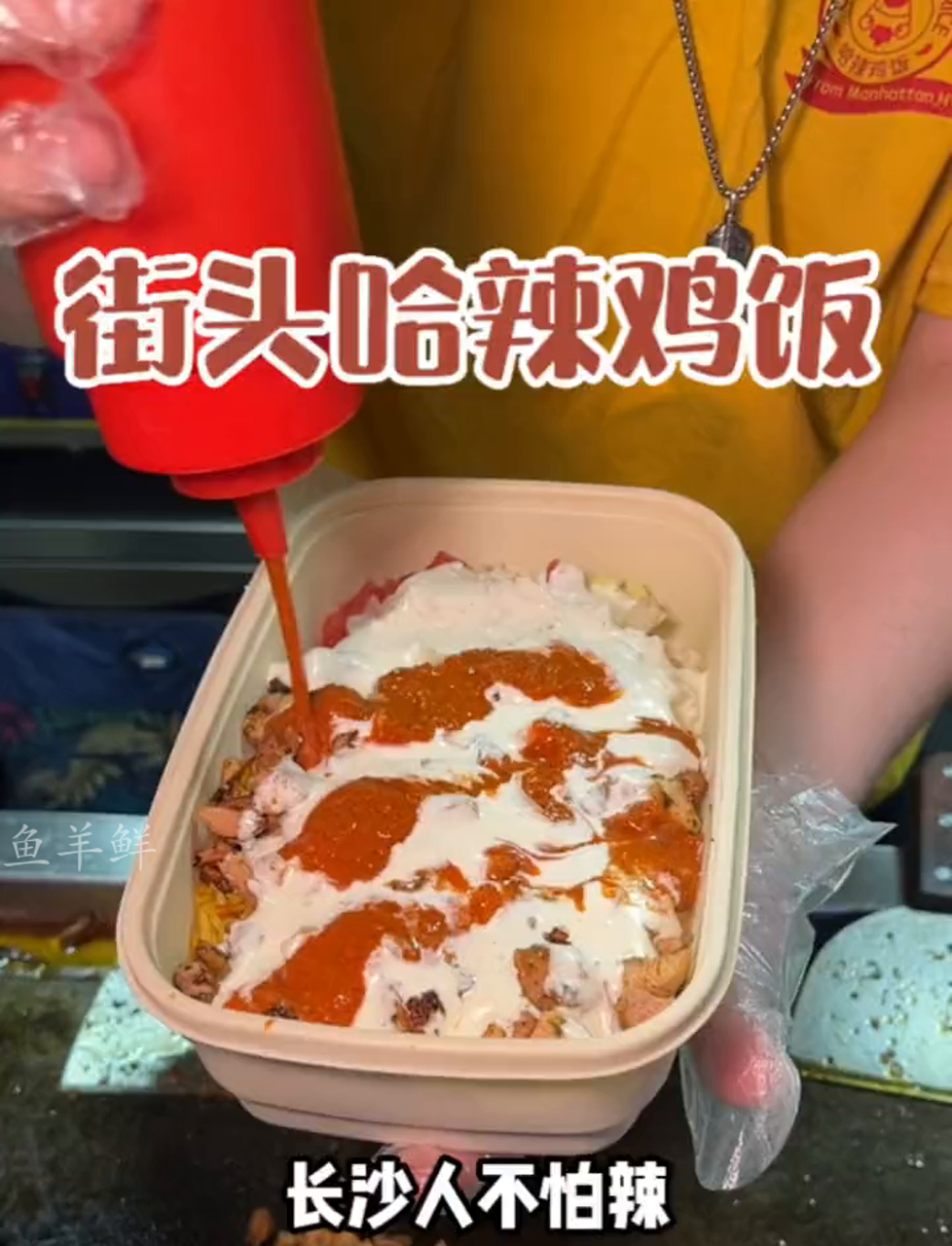 街头偶遇纽约排队王哈辣鸡饭!32一份～牛油果酱配上印度魔鬼辣香香辣辣的好好吃耶!