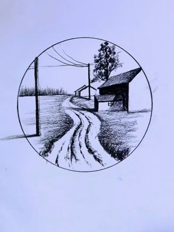 素描简笔画,乡间小路