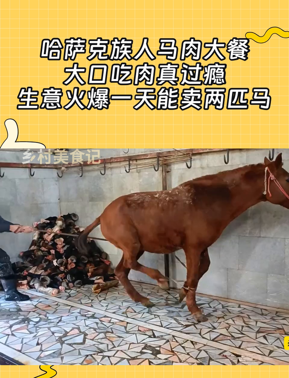 哈萨克族人马肉大餐,大口吃肉真过瘾,生意火爆一天能卖两匹马