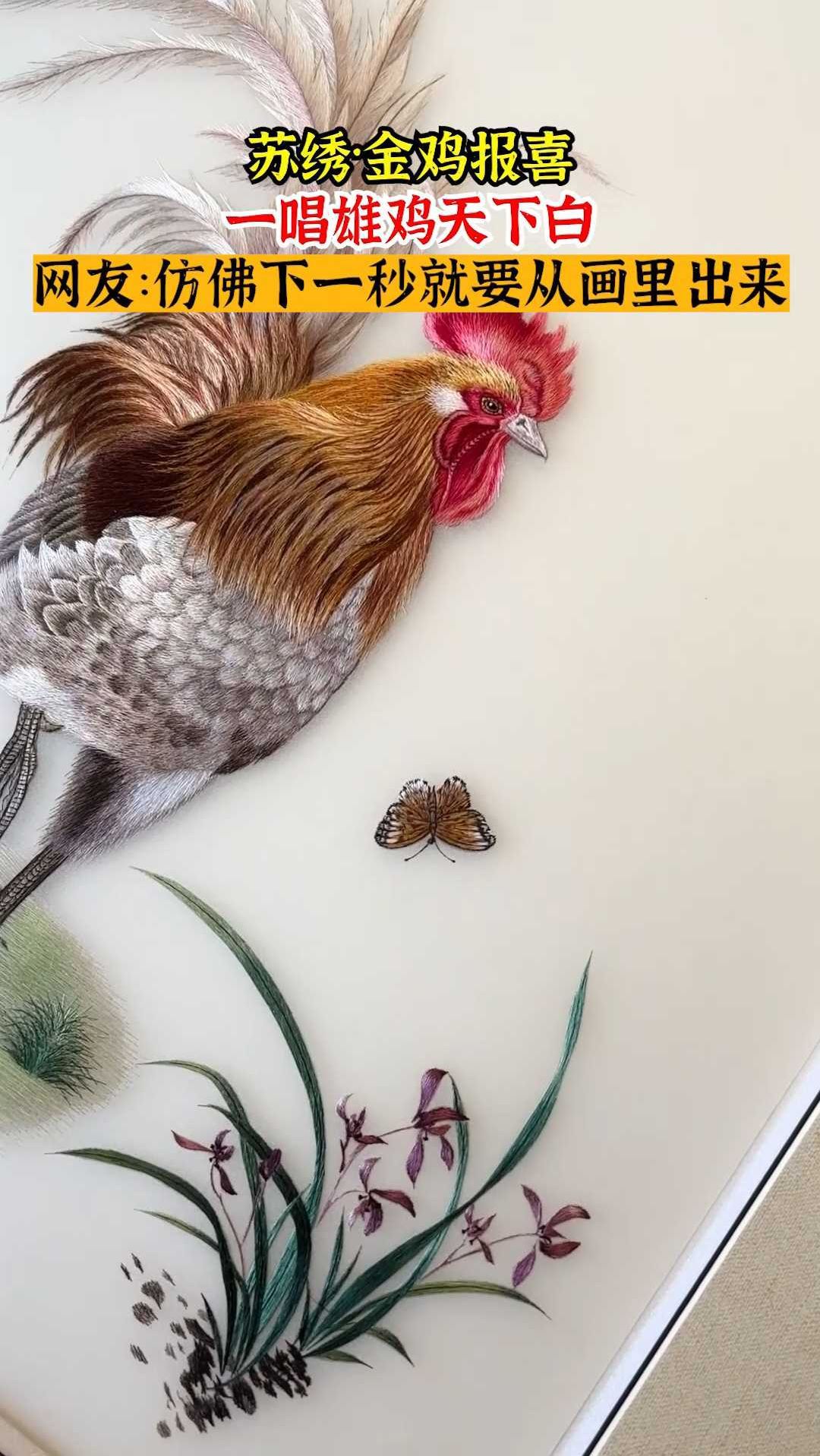 苏绣大公鸡,每根羽毛都绣的清晰可见,华美的不像话