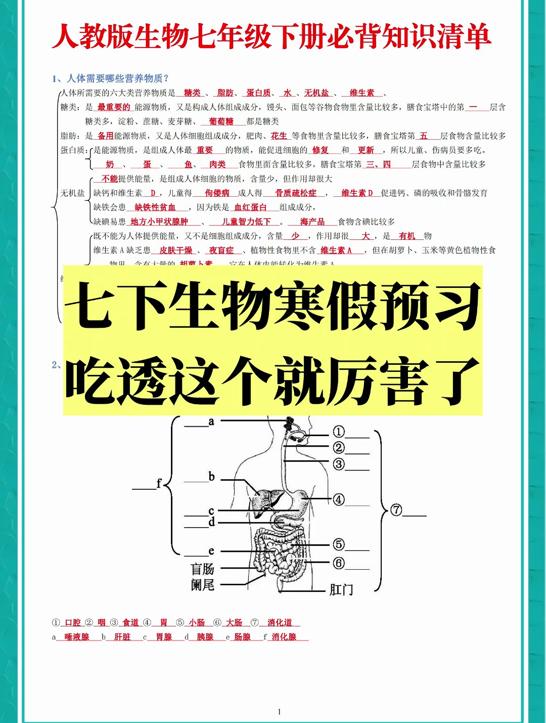 耗时9天!我梳理2024春初一下册生物知识点,做成导图式记背清单