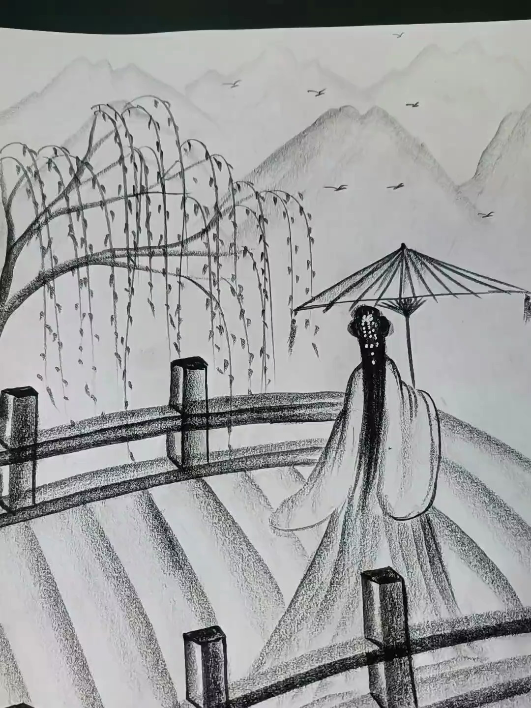 西湖断桥炭笔画,一学就会系列