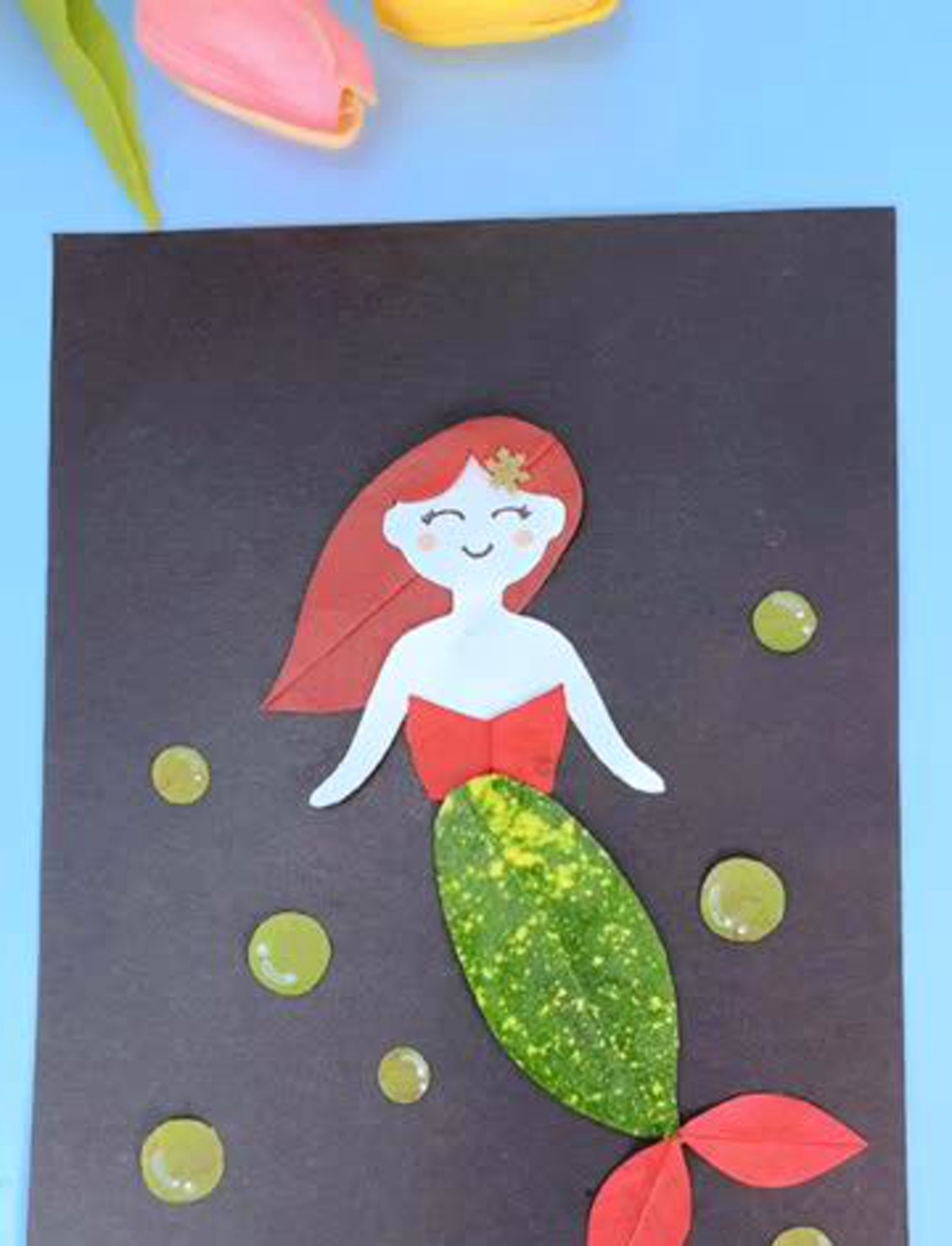 树叶贴画美人鱼 亲子手工 树叶贴画 废物利用变废为宝