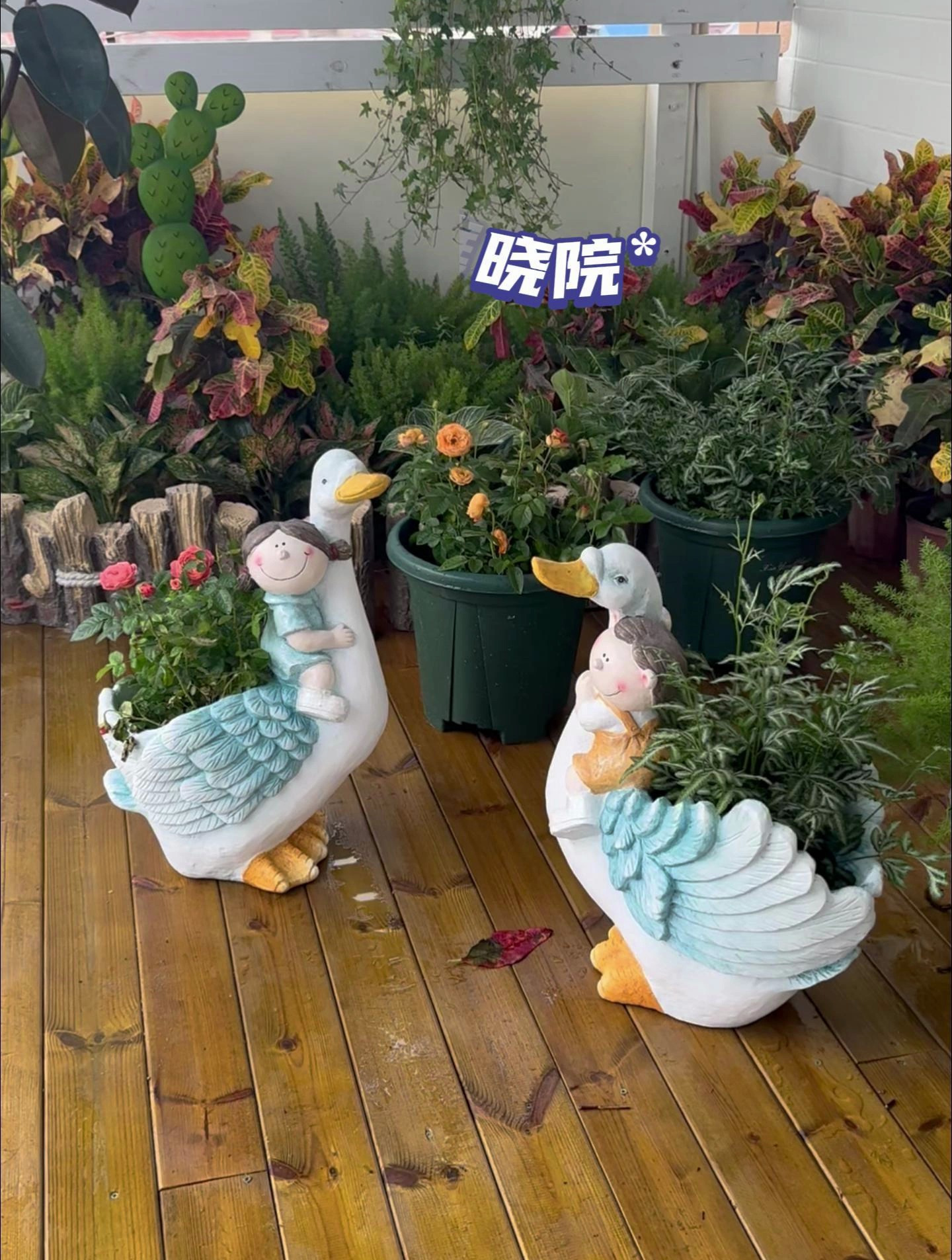 新款娃娃骑鹅 创意花园鸭子庭院人物摆件阳台装饰品卡通娃娃花盆