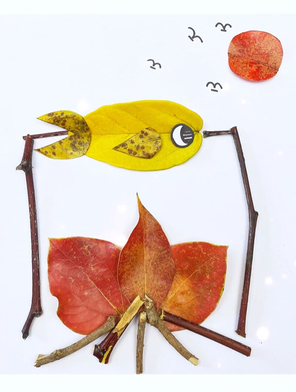 秋天的落叶不要浪费,跟孩子做条烤鱼,一起做好看的 树叶贴画