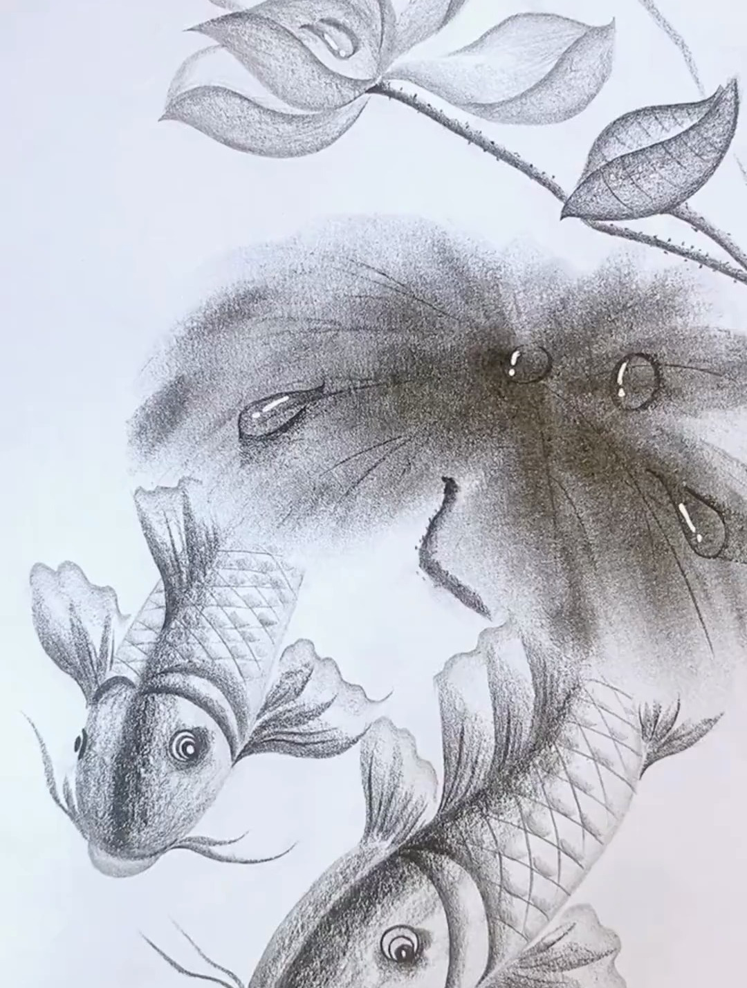 今天看到一幅水墨画国画双鱼戏莲图特别喜欢