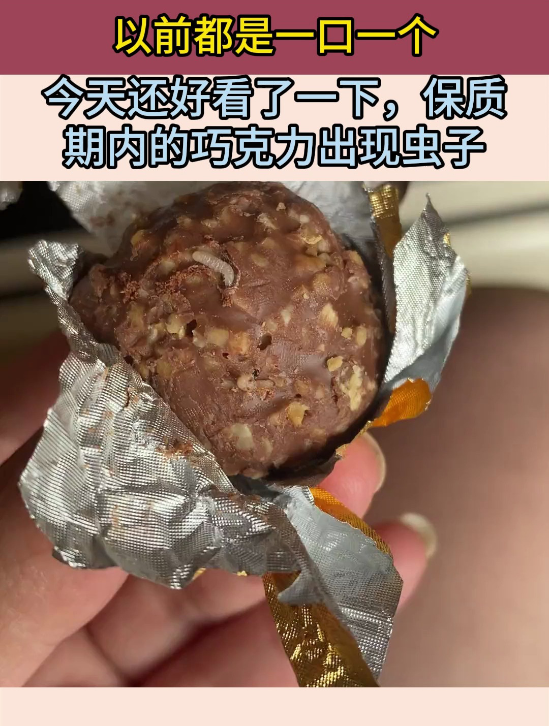 以前都是一口一个,今天还好看了一下,保质期内的巧克力出现虫子