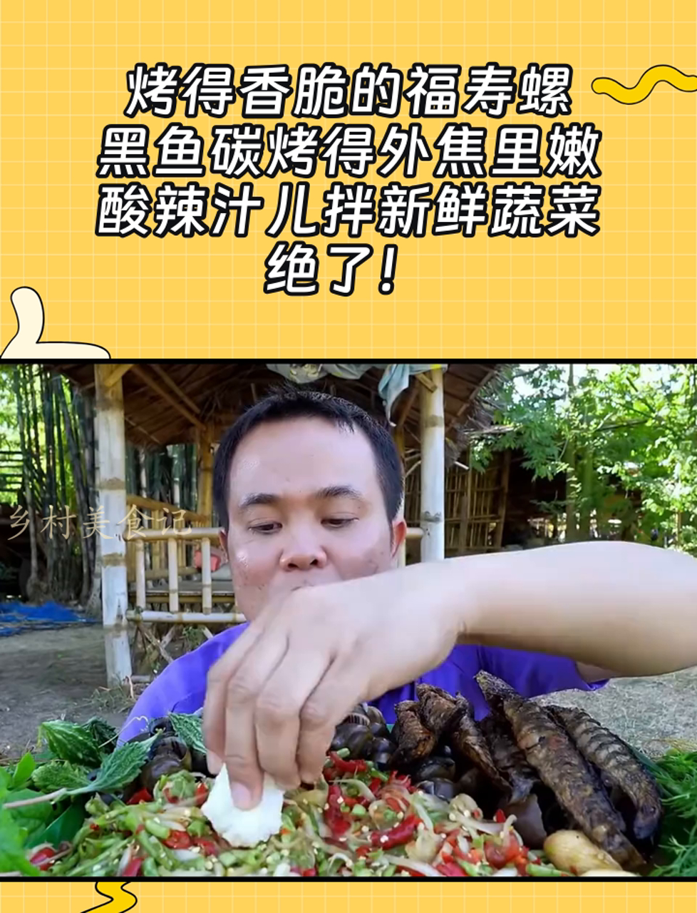 烤得香脆的福寿螺,黑鱼碳烤得外焦里嫩,酸辣汁儿拌新鲜蔬菜,绝了!