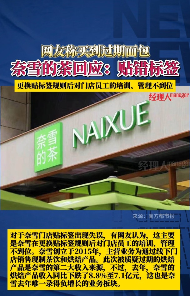 网友买到过期面包,奈雪的茶回应:系变更效期规则后员工操作失误,将加强员工内部培训