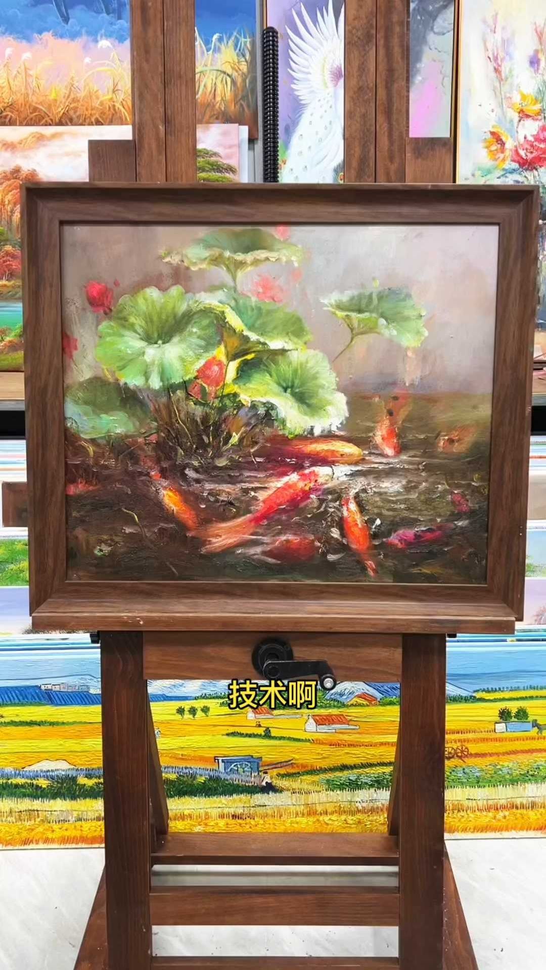 油画印象荷韵荷花锦鲤艺术绘画手绘