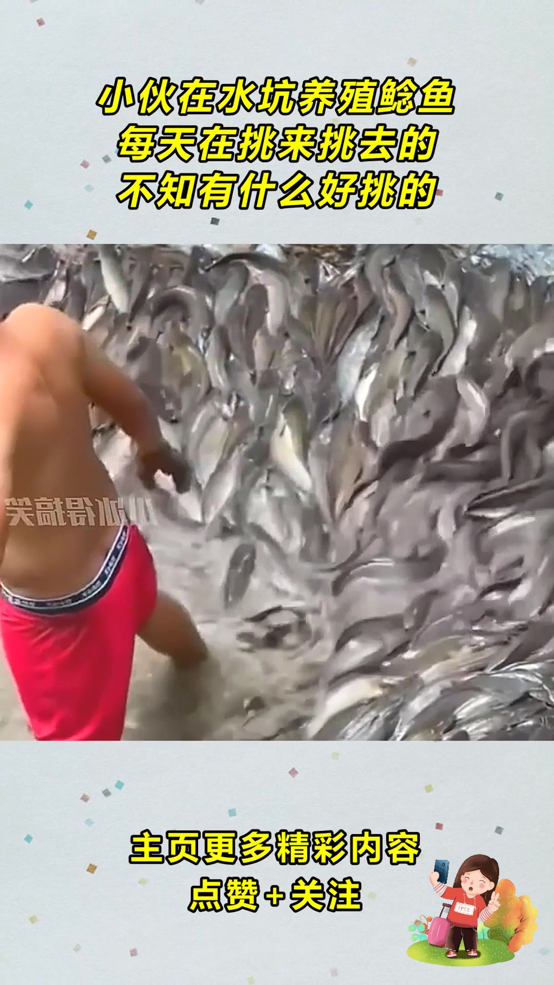 小伙在水坑养殖鲶鱼,每天在挑来挑去的,不知有什么好挑的