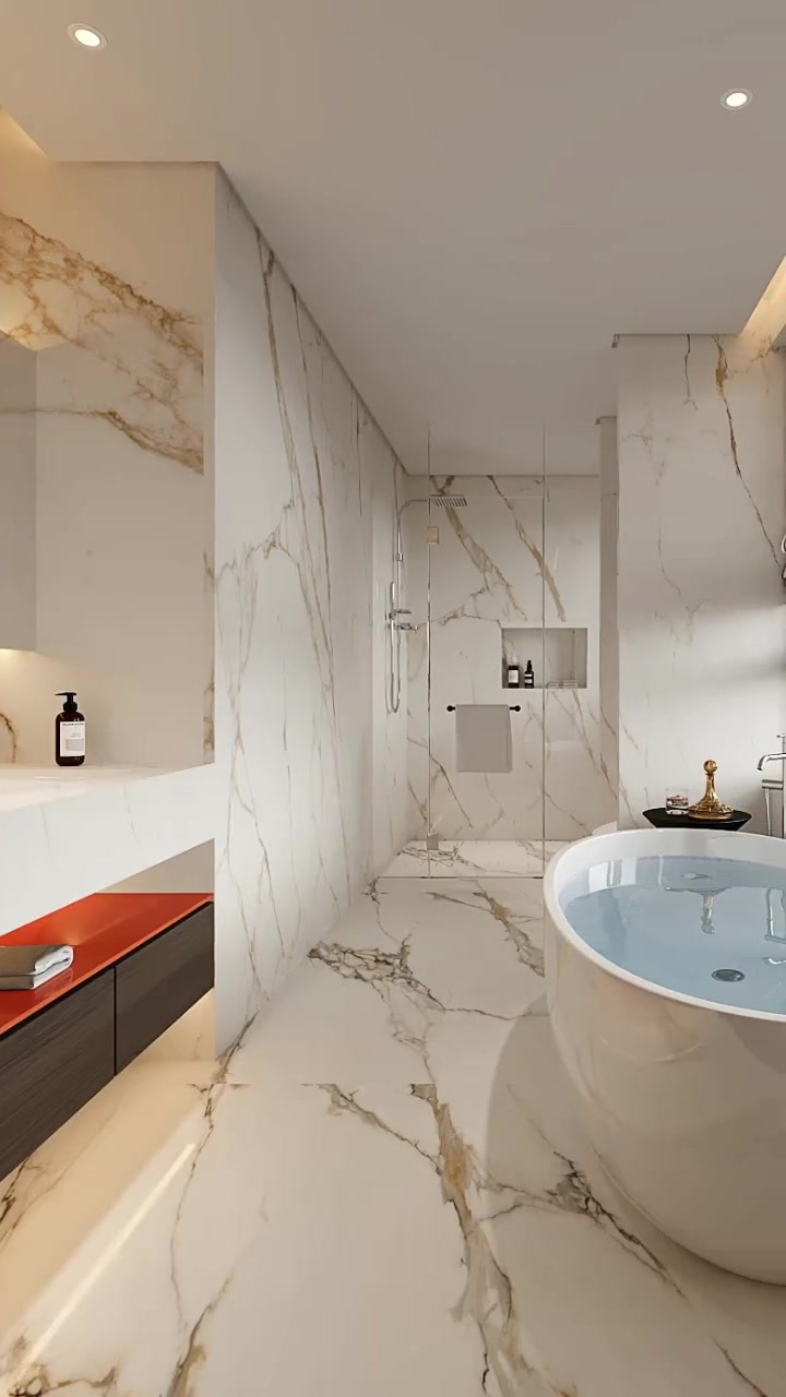 卫生间设计分享,爱马仕橙+鱼肚金石材