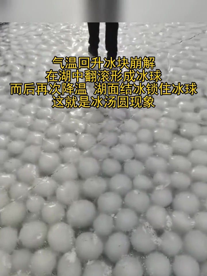 气温回升冰块崩解 在湖中翻滚形成冰球 而后再次降温 湖面结冰锁住冰球 这就是冰汤圆现象