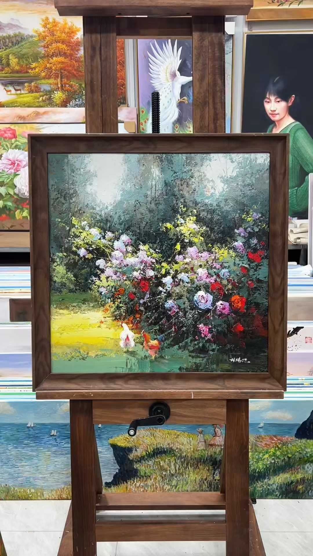 手绘油画玫瑰花园公鸡绘画@油画杰老师