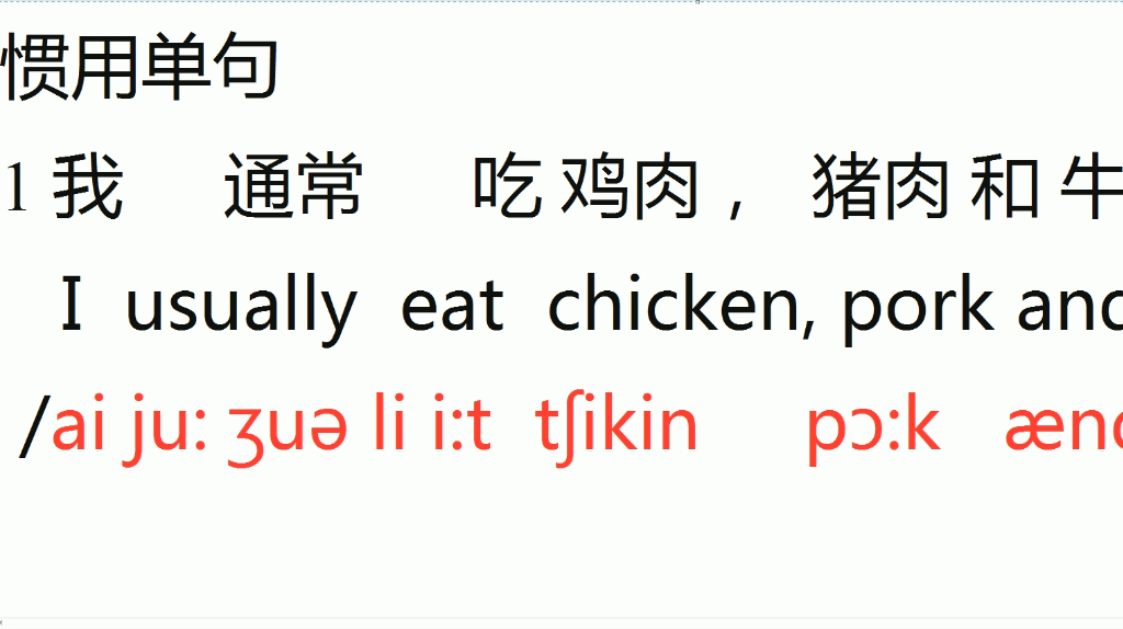 英语日常口语第9课单句01:我通常吃鸡肉猪肉和牛肉