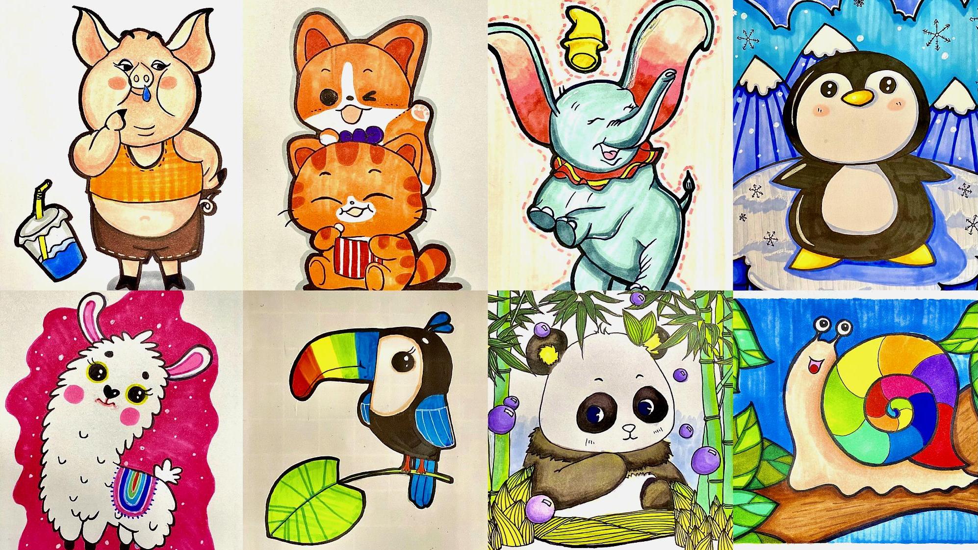 #趣味简笔画# 八戒、熊猫、企鹅、羊驼、蜗牛、犀鸟、橘猫、柯基、小飞象,这么多俏皮小动物,