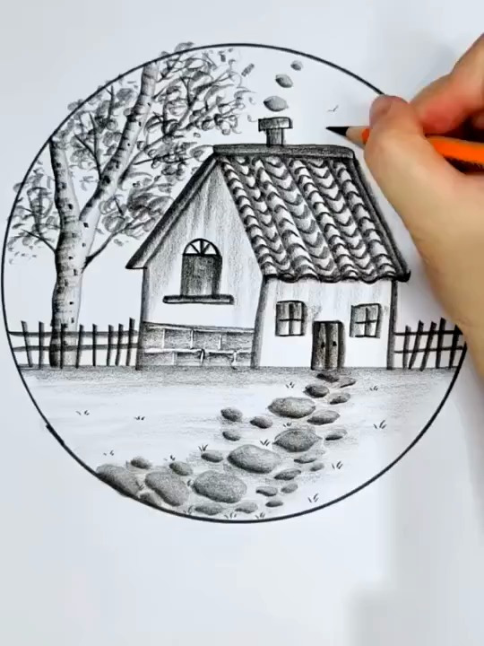 素描简笔画,袅袅升起的炊烟