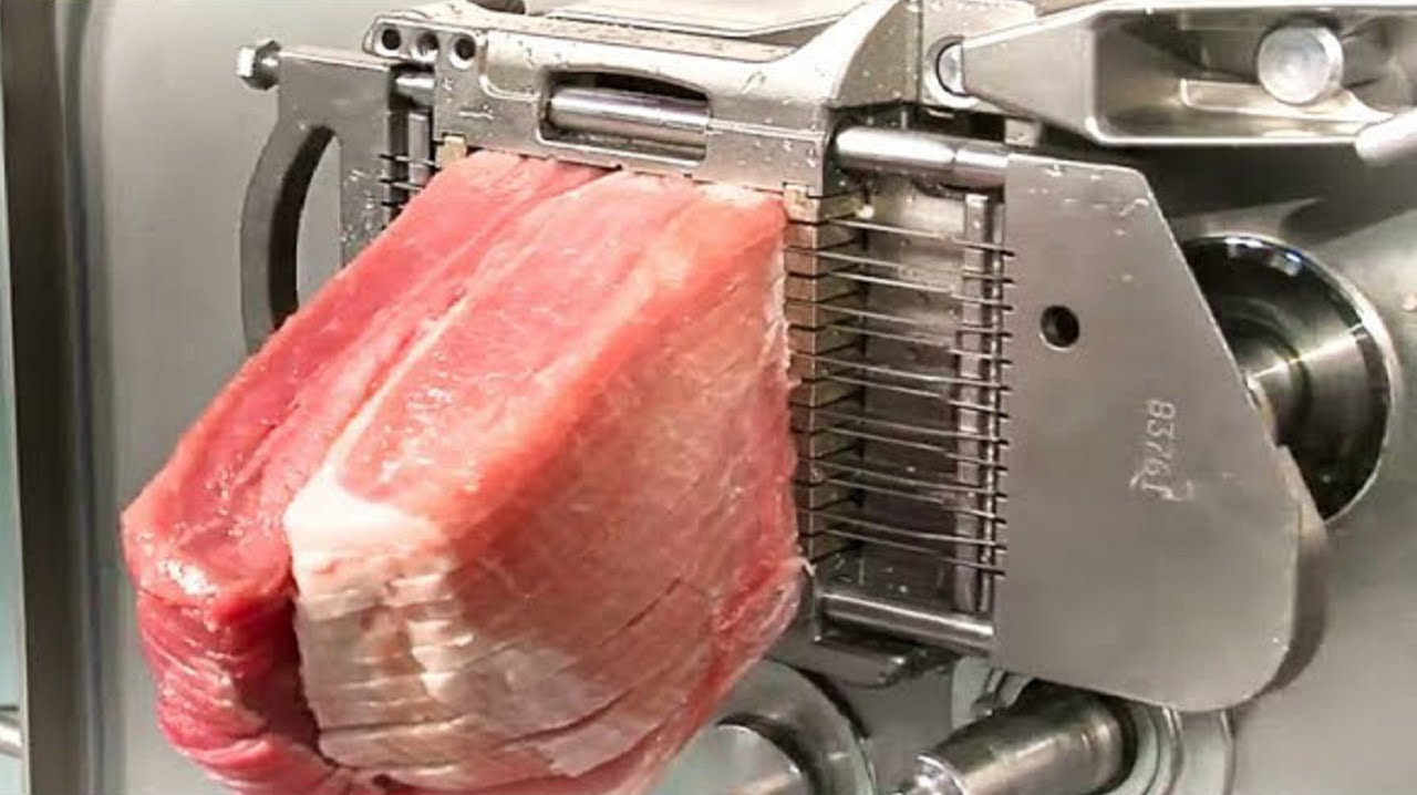 全自动切肉机怎么工作?工厂流水线实拍切肉,强迫症看得实在过瘾